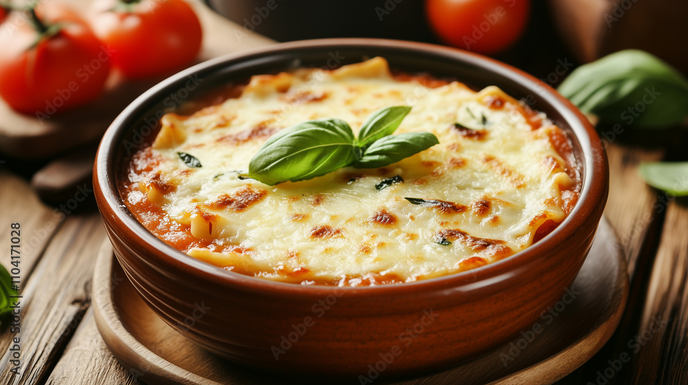 Delicious homemade lasagna in rustic ceramic dish with fresh basil garnish Delicious homemade lasagna in rustic ceramic dish with fresh basil garnish