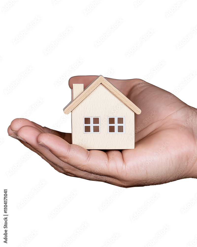 Wooden house model held in hand on transparent background Wooden house model held in hand on transparent background