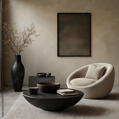 
Interior design of living room with mock up poster frame, modern black coffee table, beige sofa, vase with rowan, rounded shapes armchair, pouf. lamp and personal accessories. Home decor. 

