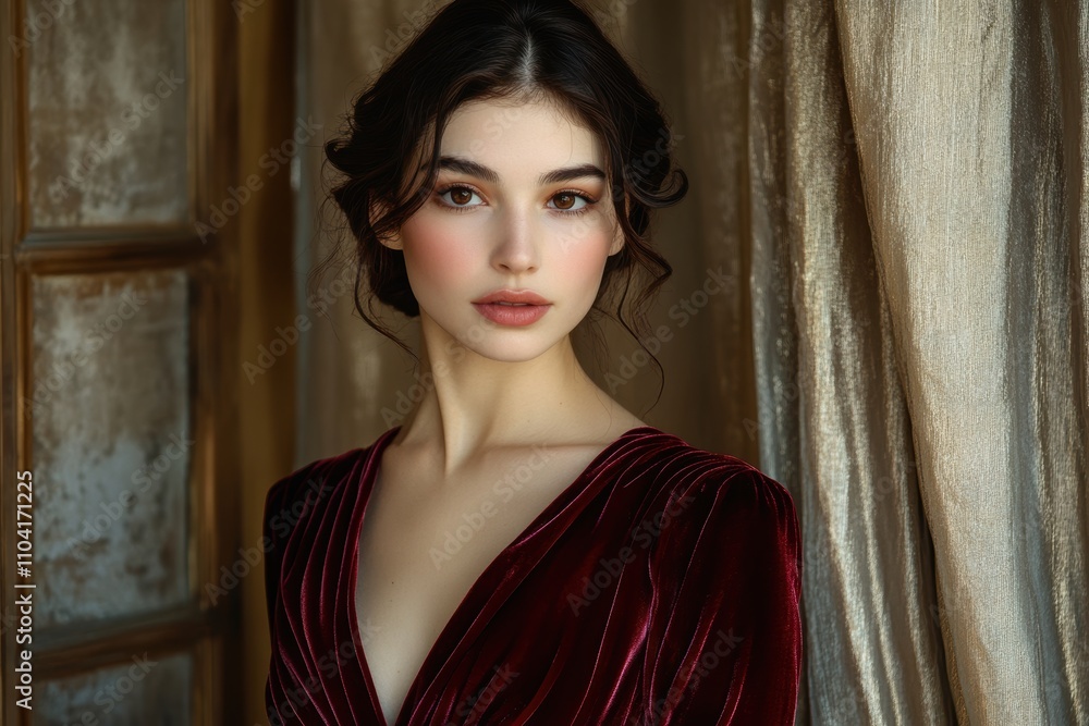 A portrait of a young woman in a velvet dress, set against a soft backdrop. A portrait of a young woman in a velvet dress, set against a soft backdrop.