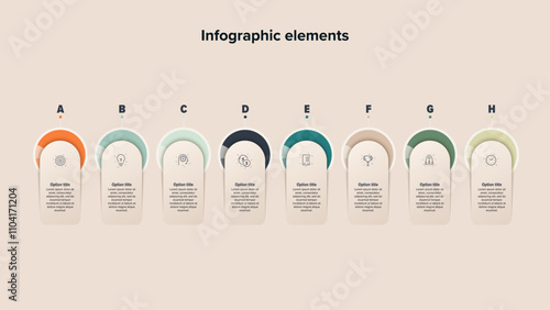 Business process chart infographics with 8 step circles. Round workflow graphic elements. Company flowchart presentation slide. Vector info graphic in flat design