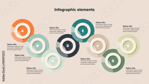 Business process chart infographics with 8 step circles. Round workflow graphic elements. Company flowchart presentation slide. Vector info graphic in flat design