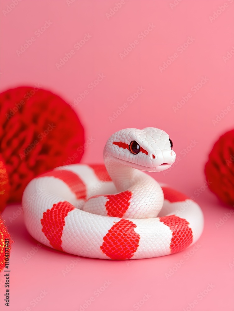 Fototapeta premium front view of a white and red snake on a pink isolated background.Symbol of Chinese New Year 2025. For banner, design, horoscope, social media, presentation, sale, promo, linkedin, mockup