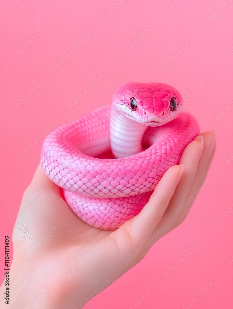 Fototapeta premium front view of a pink snake in hand on a pink isolated background.Symbol of Chinese New Year 2025. For banner, design, horoscope, social media, presentation, sale, promo, linkedin, mockup