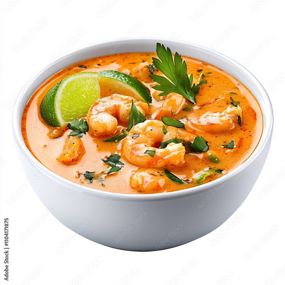 Macro Shot of Peruvian Chupe de Camarones Shrimp Soup on White Background Macro Shot of Peruvian Chupe de Camarones Shrimp Soup on White Background