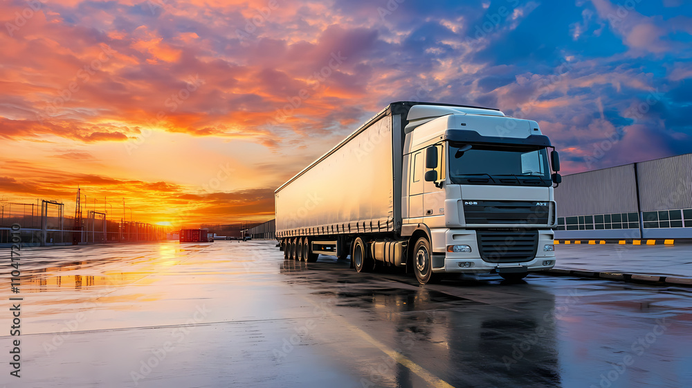 A truck is parked on a loading dock of an industrial warehouse at sunset in a symbolic representation of logistics and transportation. Symbolic. Illustration A truck is parked on a loading dock of an industrial warehouse at sunset in a symbolic representation of logistics and transportation. Symbolic. Illustration