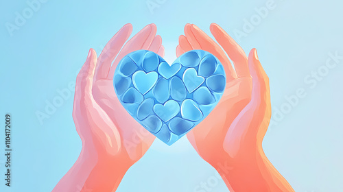 Abetes day concept with blue circle symbolic logo among protective heartshape hands for diabetic disease prevention screening awareness campaign. Symbolic. Illustration photo