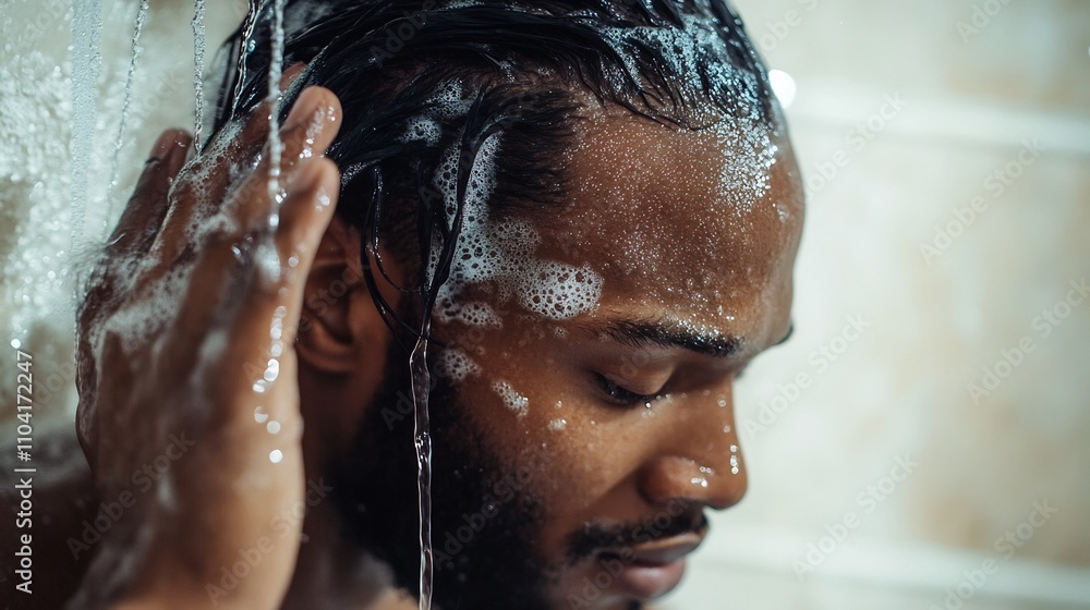 Close up of a Mid adult Man Washing Hair Under Shower in Bathroom Close up of a Mid adult Man Washing Hair Under Shower in Bathroom