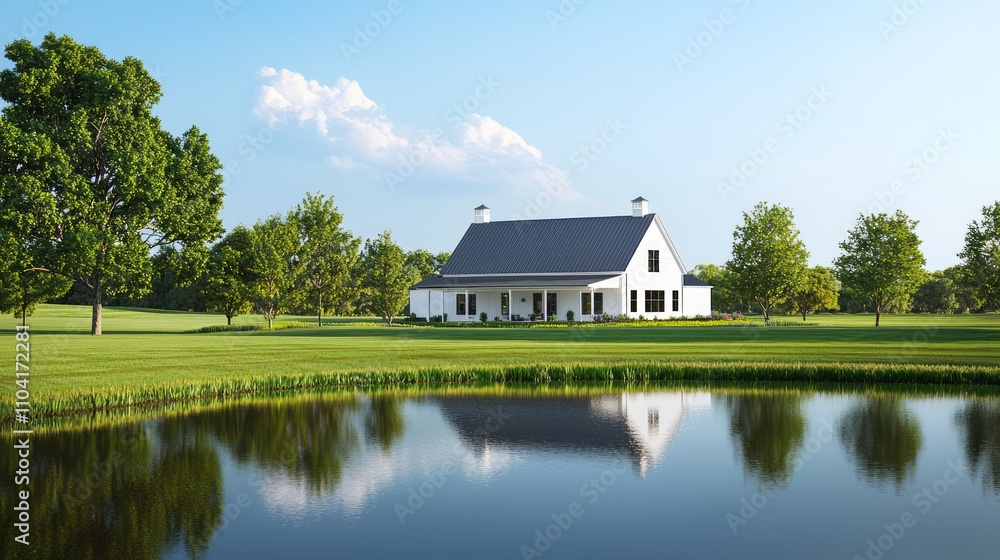 Serene White Barn in Lush Green Pasture with Reflective Pond, Ultra-Detail Photo Realism Serene White Barn in Lush Green Pasture with Reflective Pond, Ultra-Detail Photo Realism