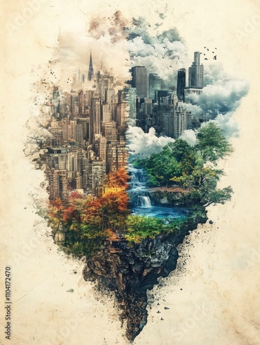 Surreal Urban Waterfall Oasis Amidst City Skyline
