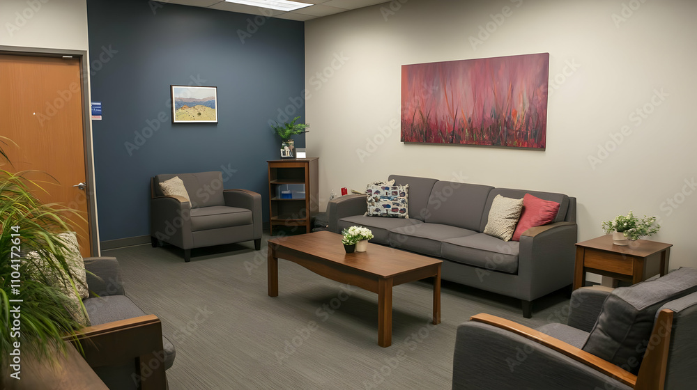 Fototapeta premium A cozy waiting room with comfortable seating and decorative elements for relaxation.