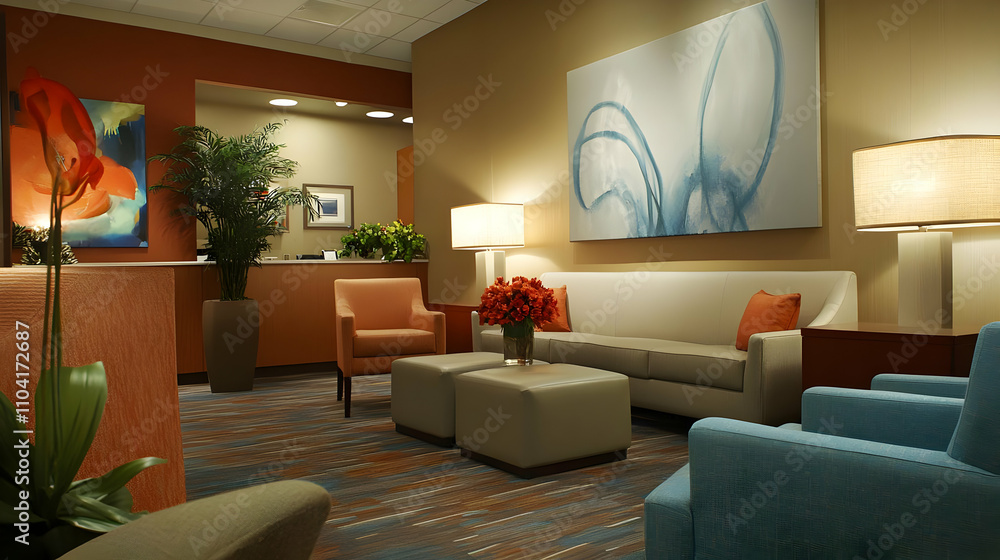 Fototapeta premium A welcoming office waiting area with comfortable seating and decorative plants.