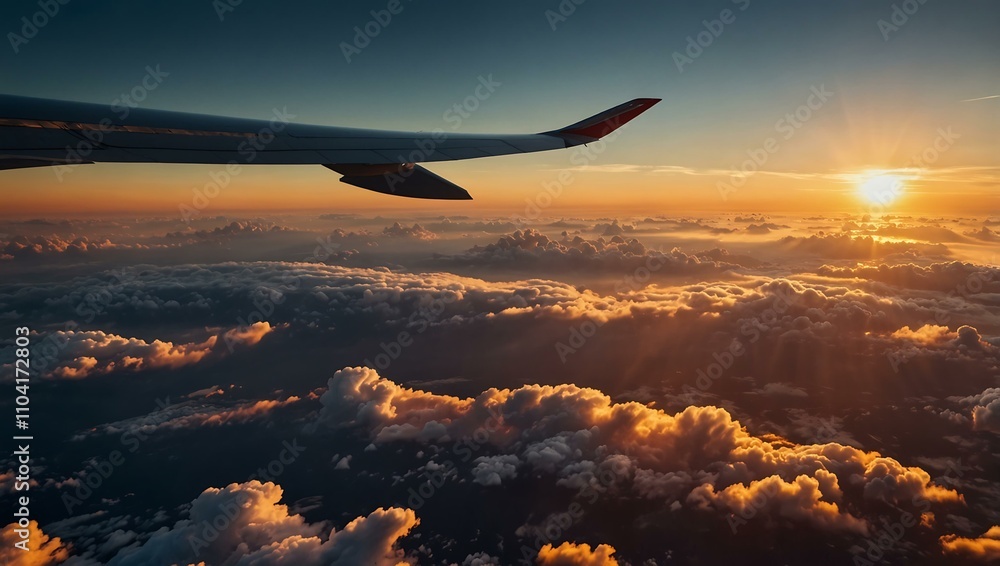 Fototapeta premium Aerial view of the sky and sunset from an airplane.