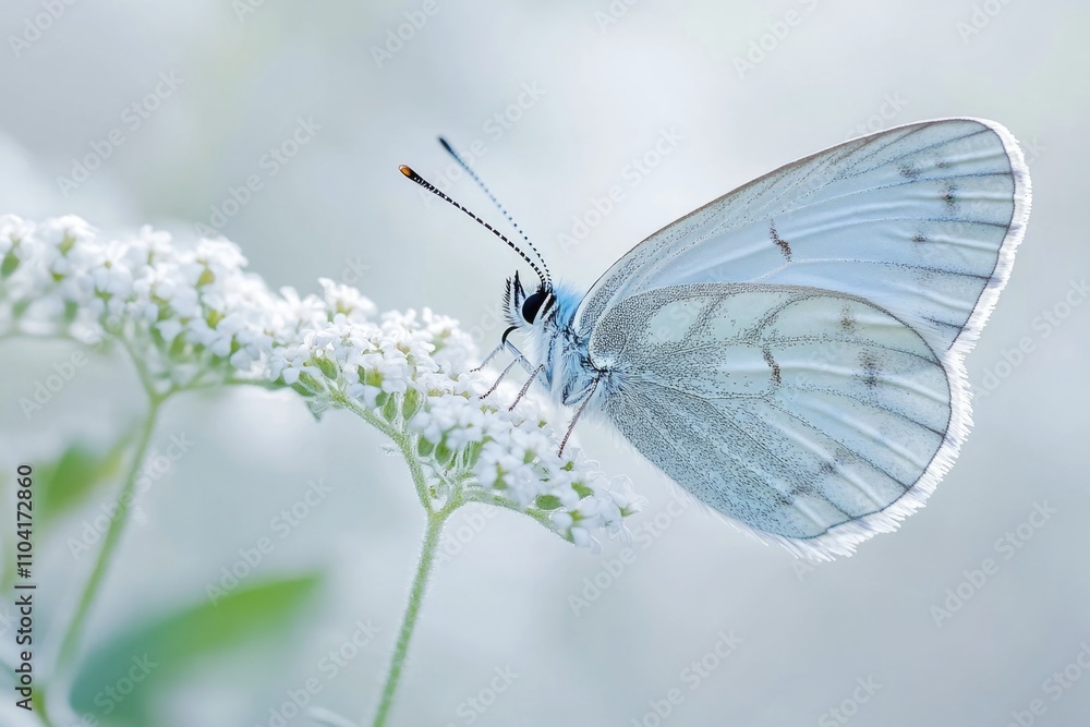 A butterfly perches on a pure white flower, its delicate wings spread open A butterfly perches on a pure white flower, its delicate wings spread open