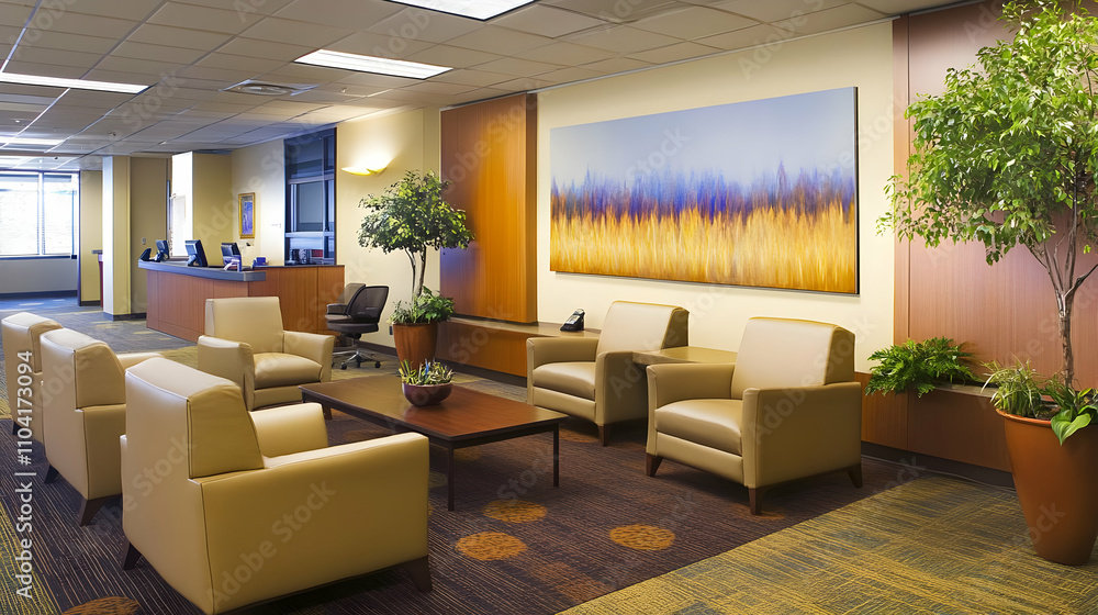 Modern office waiting area with comfortable seating and decorative plants. Modern office waiting area with comfortable seating and decorative plants.