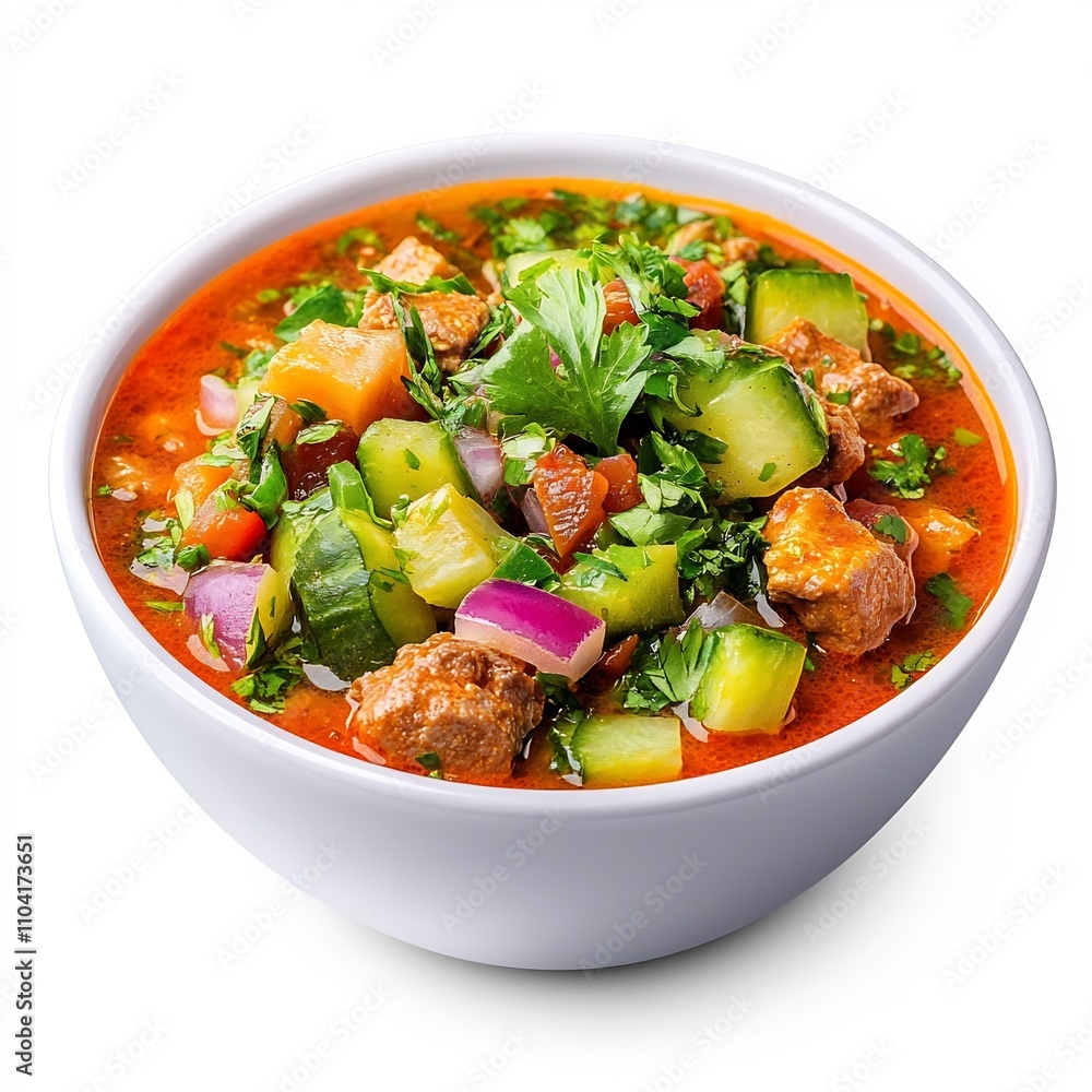Macro Close up of Vibrant Mexican Menudo Soup in White Bowl Macro Close up of Vibrant Mexican Menudo Soup in White Bowl