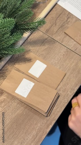 Hands are carefully applying white labels to kraft paper, preparing for holiday gifting. The workspace features natural elements and festive decorations, creating a warm atmosphere