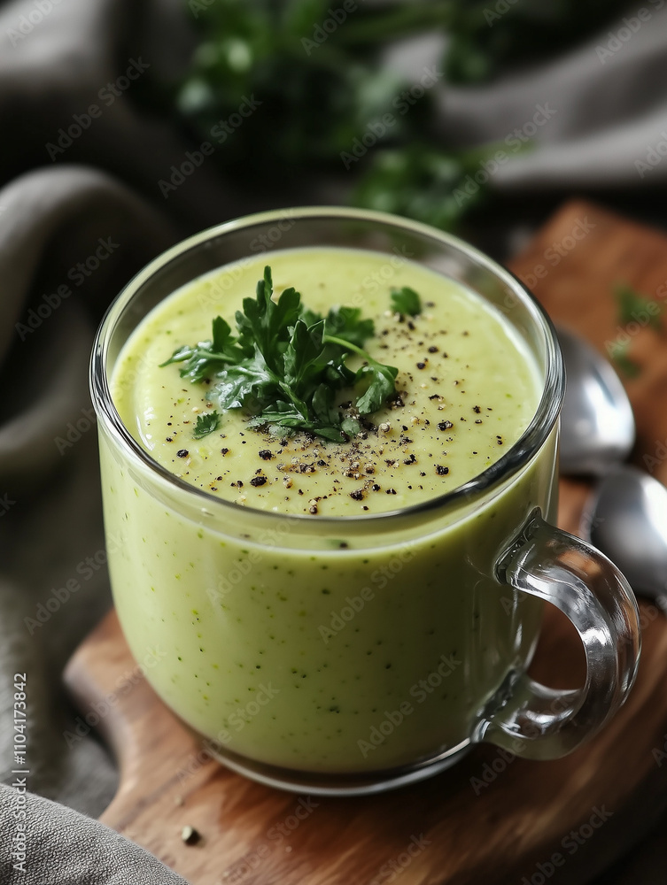 Creamy avocado soup with fresh herbs in a glass mug on wooden board Creamy avocado soup with fresh herbs in a glass mug on wooden board