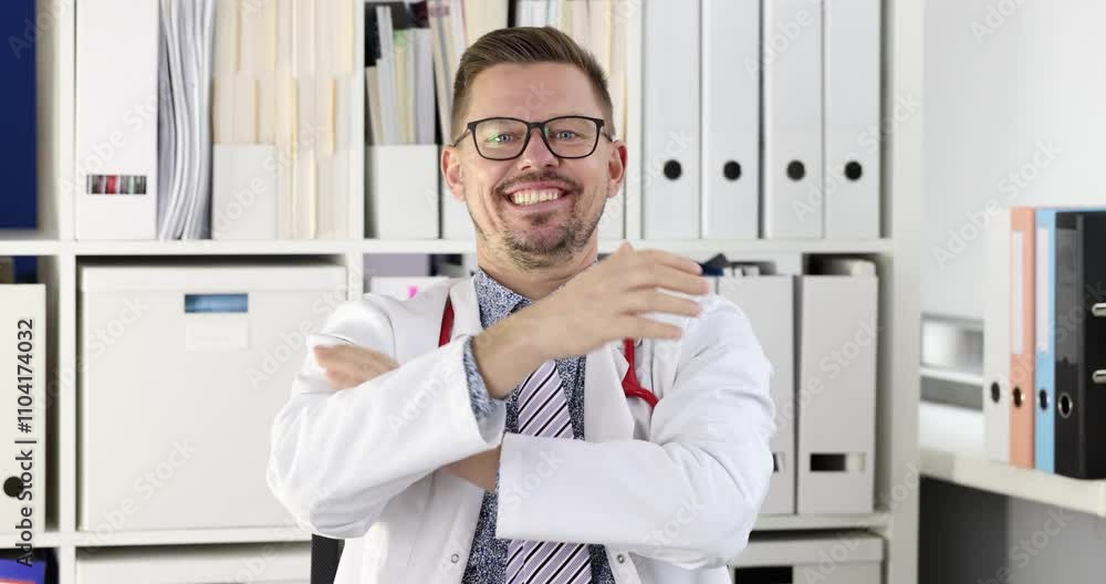 Doctor in white robe puts on glasses and smiles contentedly slow motion. Medic with stethoscope sits in surroundings of hospital office Doctor in white robe puts on glasses and smiles contentedly slow motion. Medic with stethoscope sits in surroundings of hospital office