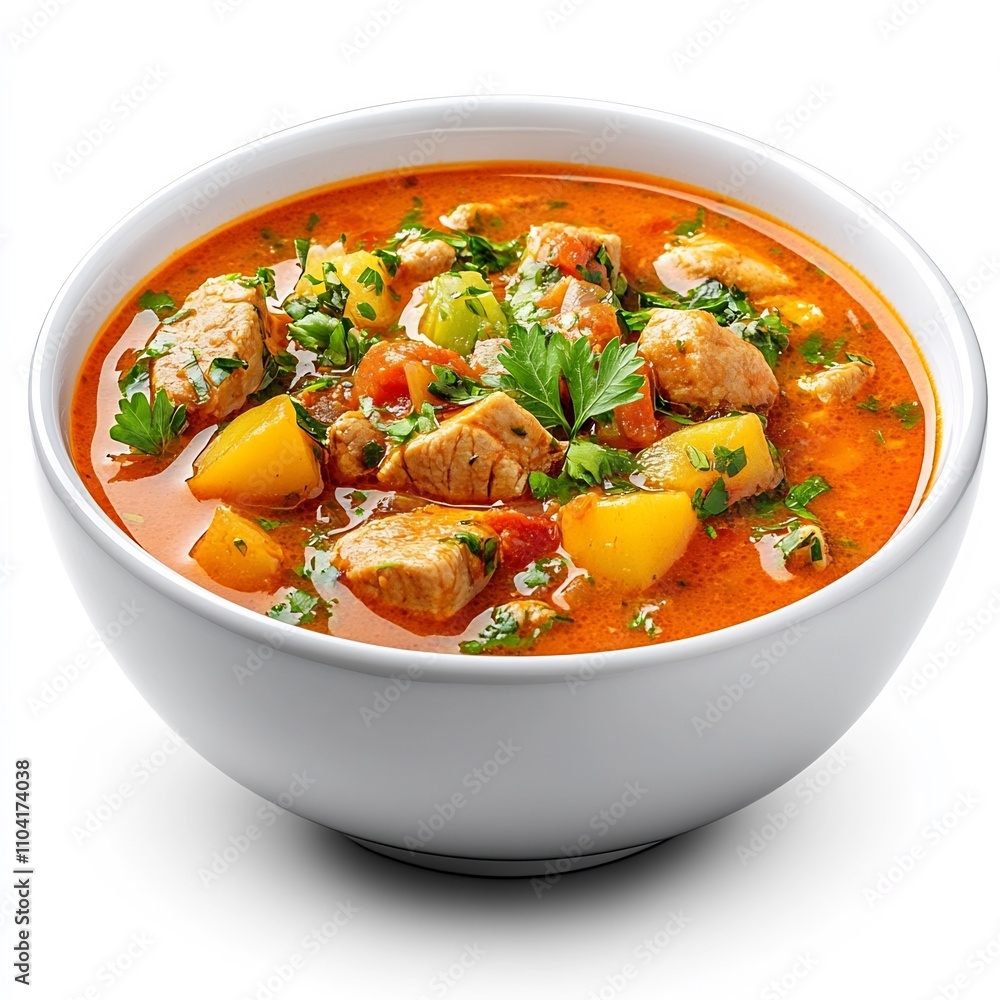 Vibrant and Savory Mexican Menudo Soup in a Bowl on White Background Vibrant and Savory Mexican Menudo Soup in a Bowl on White Background