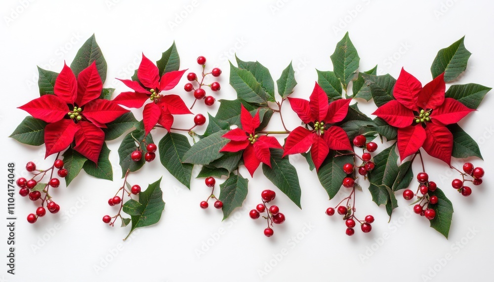 Fototapeta premium Red Poinsettia and Berries on a White Background