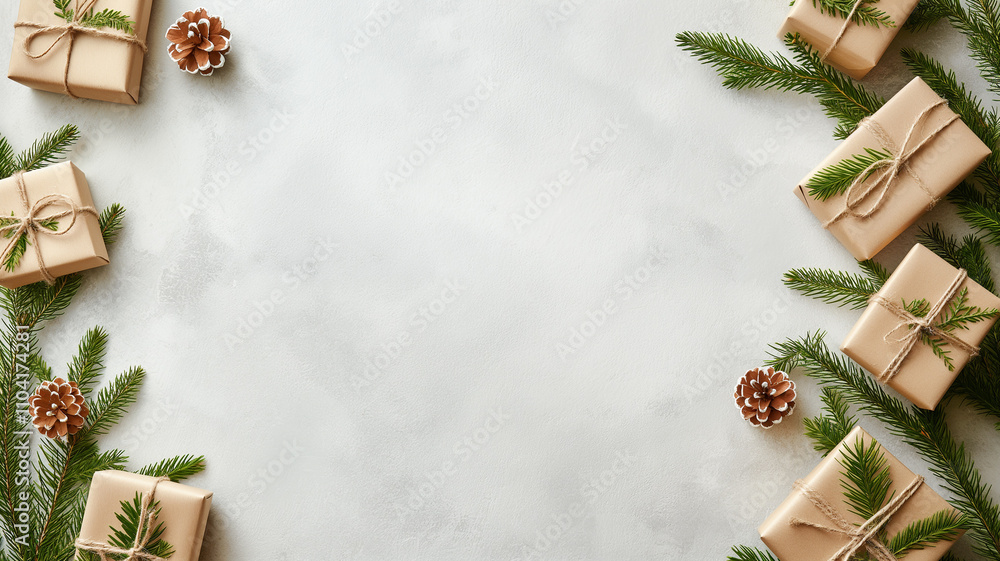 Gift boxes, fir or pine branches and cones laid out on a light gray background, top view. New Year or Christmas background. Gifts in gift wrapping on a light background. Holiday concept Gift boxes, fir or pine branches and cones laid out on a light gray background, top view. New Year or Christmas background. Gifts in gift wrapping on a light background. Holiday concept