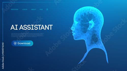 Futuristic low poly AI assistant design with a digital human head silhouette on a blue gradient background.