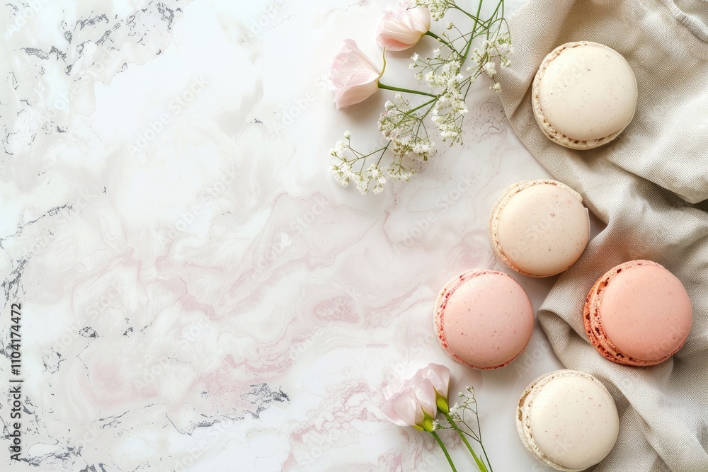 Fototapeta premium A stylish arrangement of macarons and flowers on a marble surface for a dessert presentation.