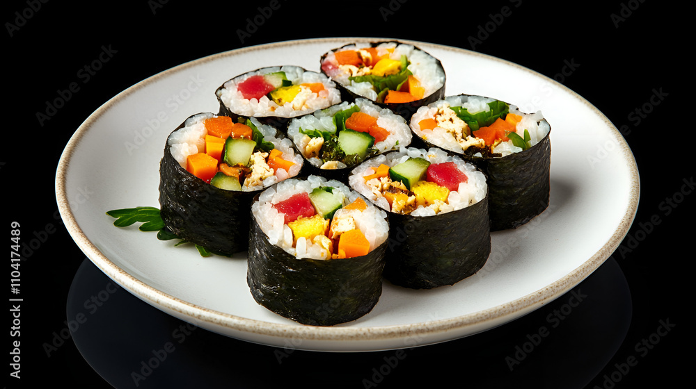 Sushi rolls on plate, colorful presentation, gourmet food, black background, copy space Sushi rolls on plate, colorful presentation, gourmet food, black background, copy space