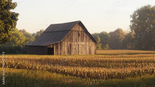 Serene View of an Old Barn in Cornfields at Sunset | Ultra-Detailed Rural Landscape with Golden Light