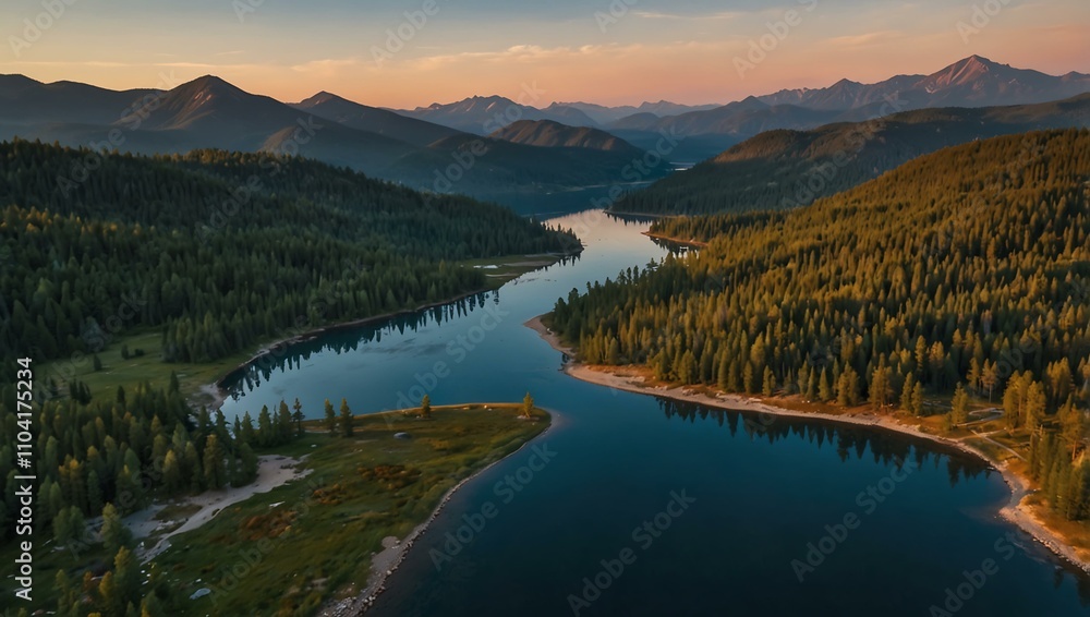 Obraz premium Aerial view of winding lake surrounded by mountains at sunset.