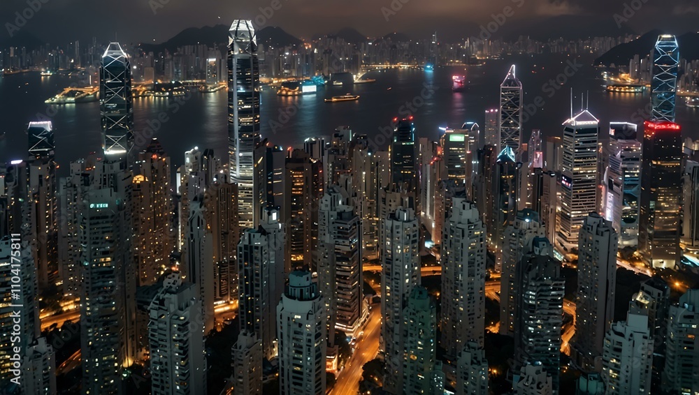 Aerial view over downtown Hong Kong's buildings and traffic. Aerial view over downtown Hong Kong's buildings and traffic.
