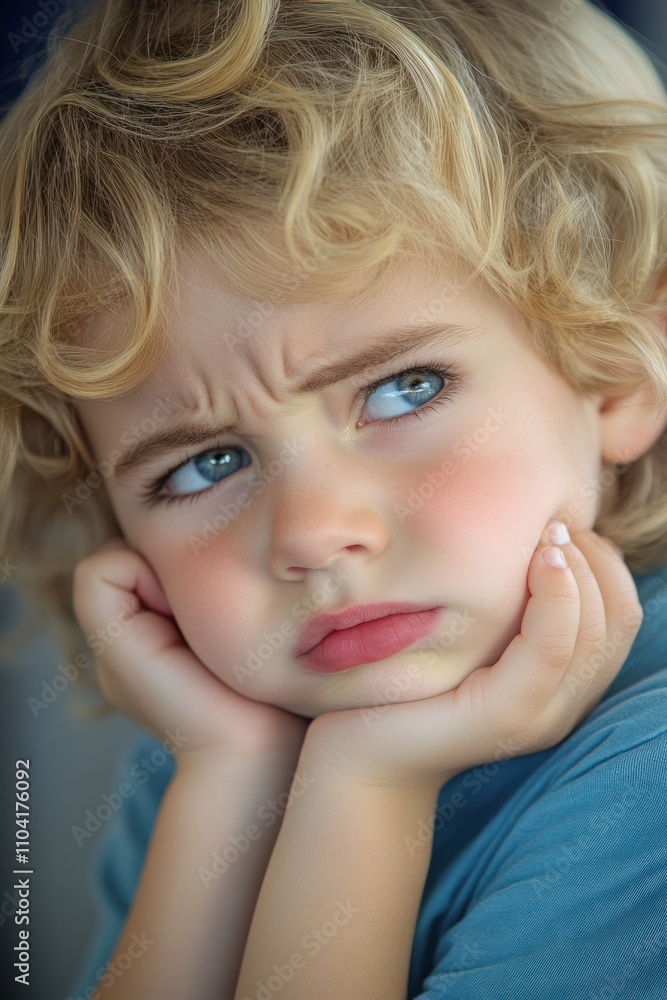 A Young Boy with Blonde Curly Hair and Blue Eyes Resting His Chin on His Hand A Young Boy with Blonde Curly Hair and Blue Eyes Resting His Chin on His Hand