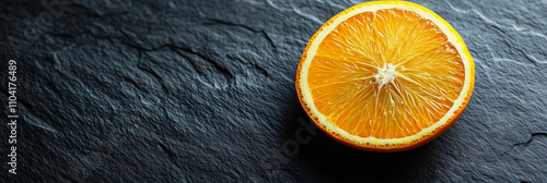 Obraz  z motywem A vibrant slice of orange on a dark slate surface showcasing its juicy texture and bright color for culinary or decorative use. Generative AI