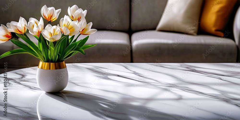 white marble table with a golden vase holding bright orange flowers, set in a modern living room with soft natural light. white marble table with a golden vase holding bright orange flowers, set in a modern living room with soft natural light.