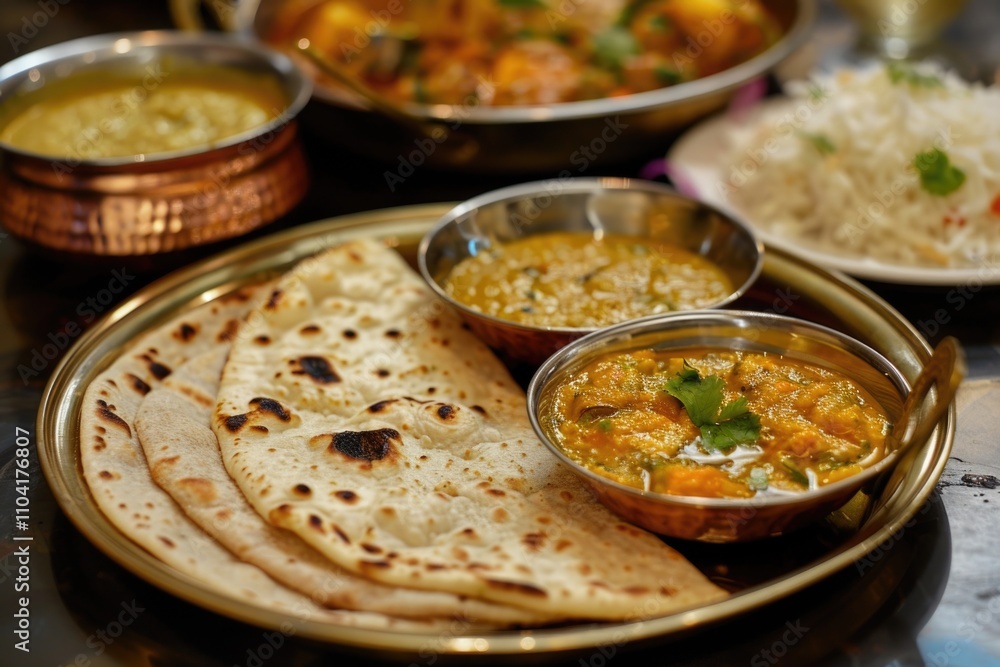 A plate of food placed among other dishes on a table A plate of food placed among other dishes on a table