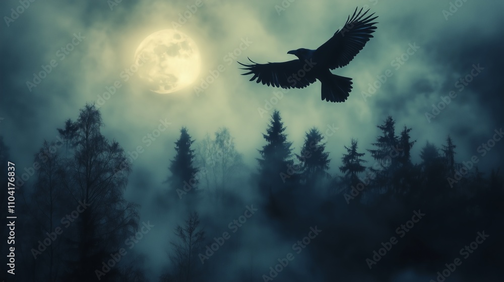 Fototapeta premium raven night forest flying. predator raven night forest flying moonlit