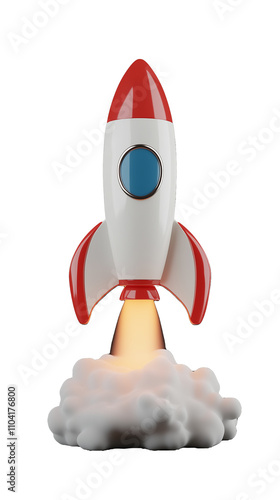 Retro rocket ship launching with flames and smoke on transparent background