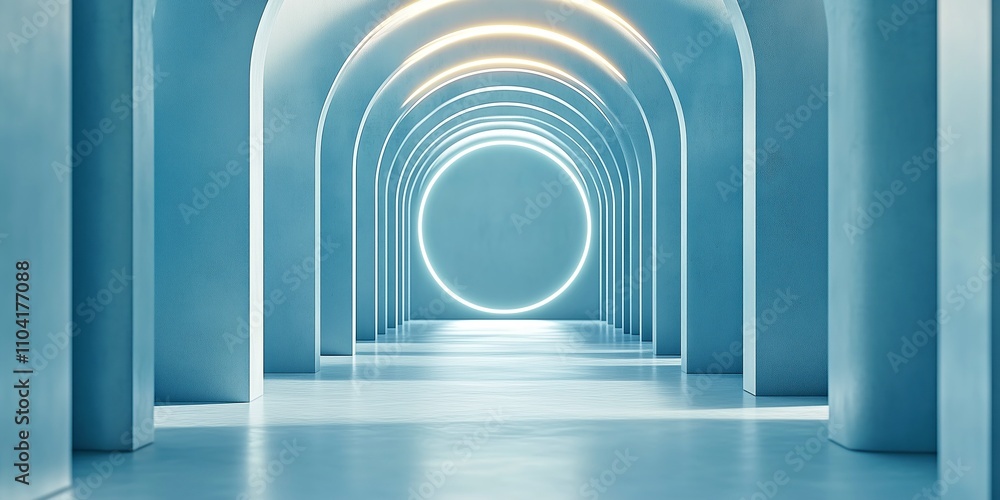 Modern minimalist blue arches with glowing circular lights Modern minimalist blue arches with glowing circular lights