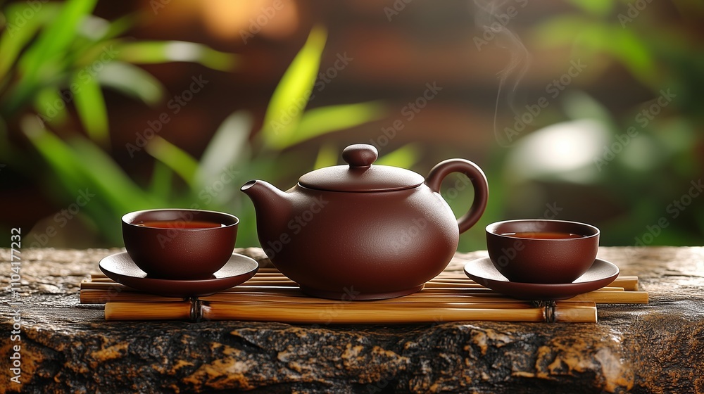 Teapot and cups on table with bamboo leaves Teapot and cups on table with bamboo leaves