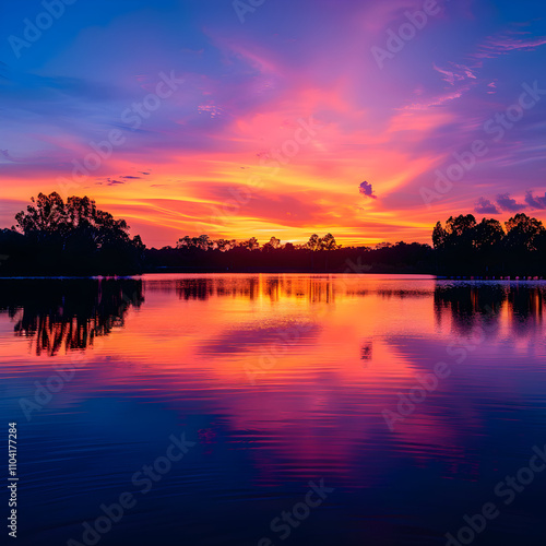 Tranquil Sunset Over Calm Lake Reflecting Vibrant Sky