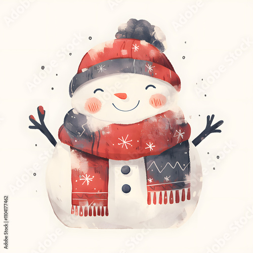 Cheerful Snowman with Hat and Scarf