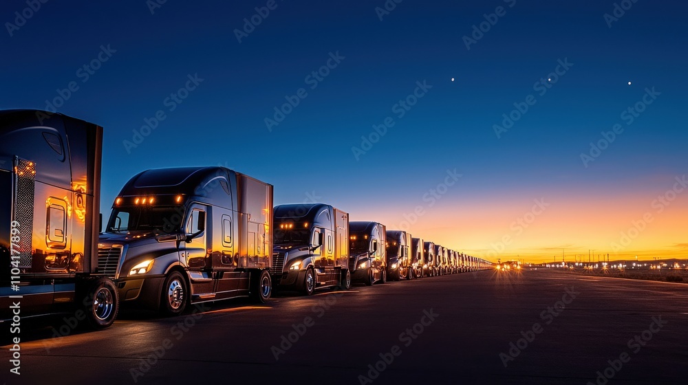 Parked semi-trucks lined up along the road, with the radiant sunrise casting a golden light on their metallic surfaces