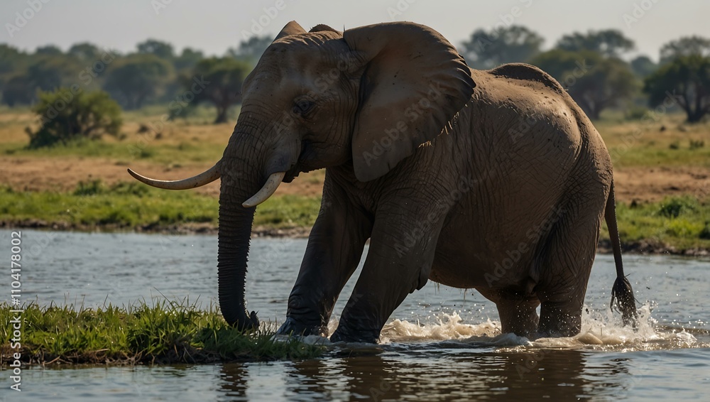 Obraz premium African Elephants playing by the Chobe River in Botswana.