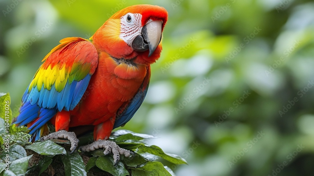 Scarlet macaw perched on lush green foliage, vibrant plumage. Scarlet macaw perched on lush green foliage, vibrant plumage.