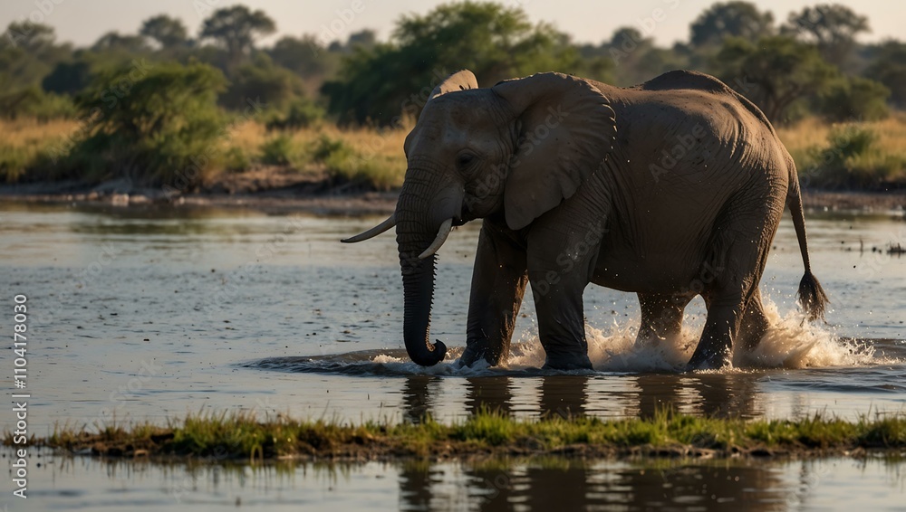 Obraz premium African Elephants playing by the Chobe River in Botswana.