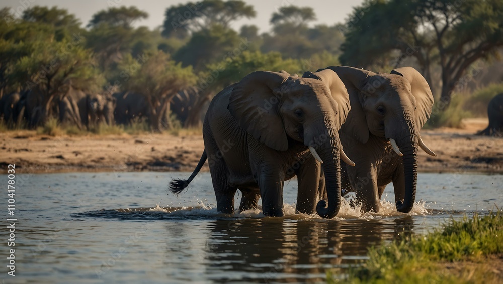 Fototapeta premium African elephants playing by the Chobe River in Botswana