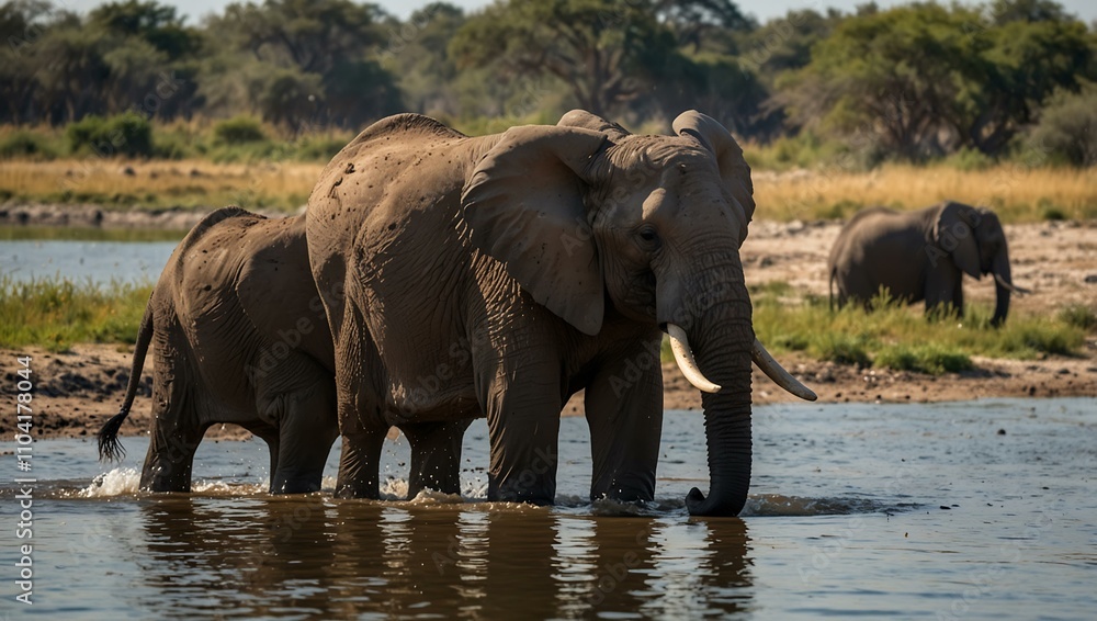 Fototapeta premium African Elephants playing by the Chobe River in Botswana.