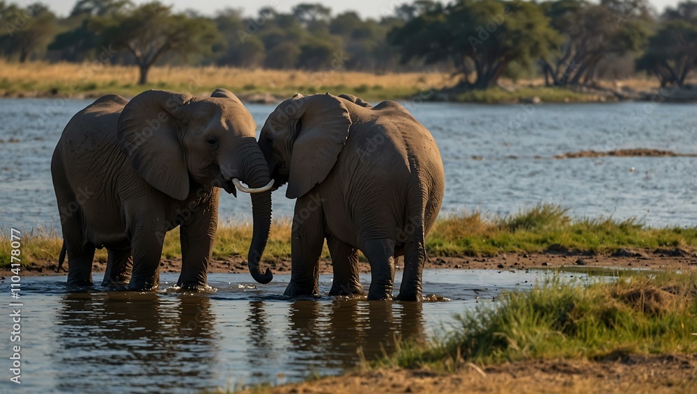 Fototapeta premium African elephants playing by the Chobe River in Botswana