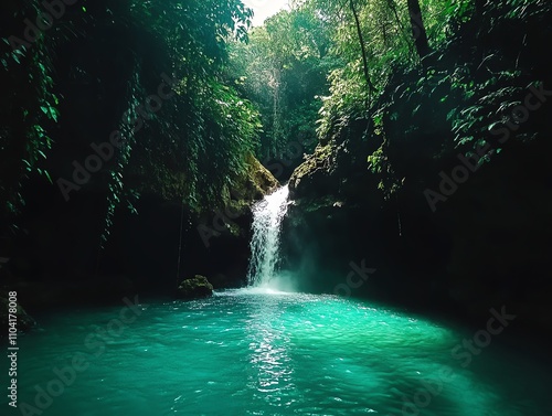 Waterfall in lush forest landscape, serene view photo